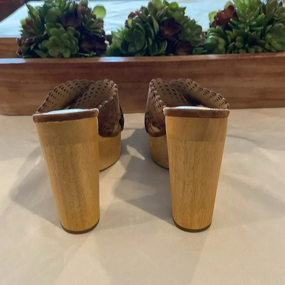 Veronica Beard Tan Suede Platform Mules with Wooden Block Heel
